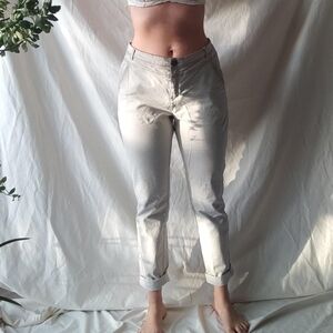 Light Grey/Off White Mid Rise Boyfriend Fit Pants